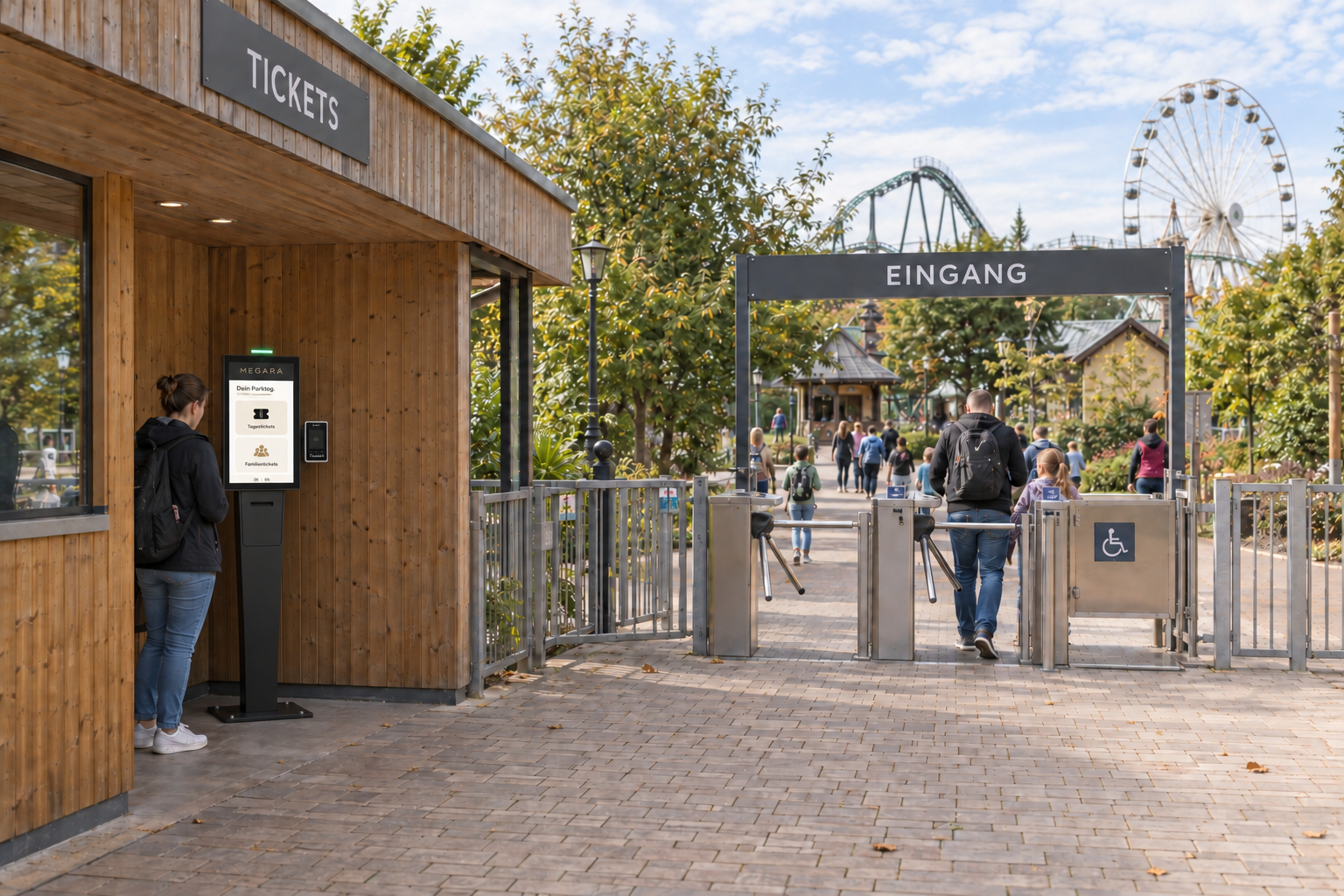 Eingang eines Freizeitparks mit überdachtem MEGARA-SelfOrder-Terminal links, Drehkreuzen und Fahrgeschäften im Hintergrund.
