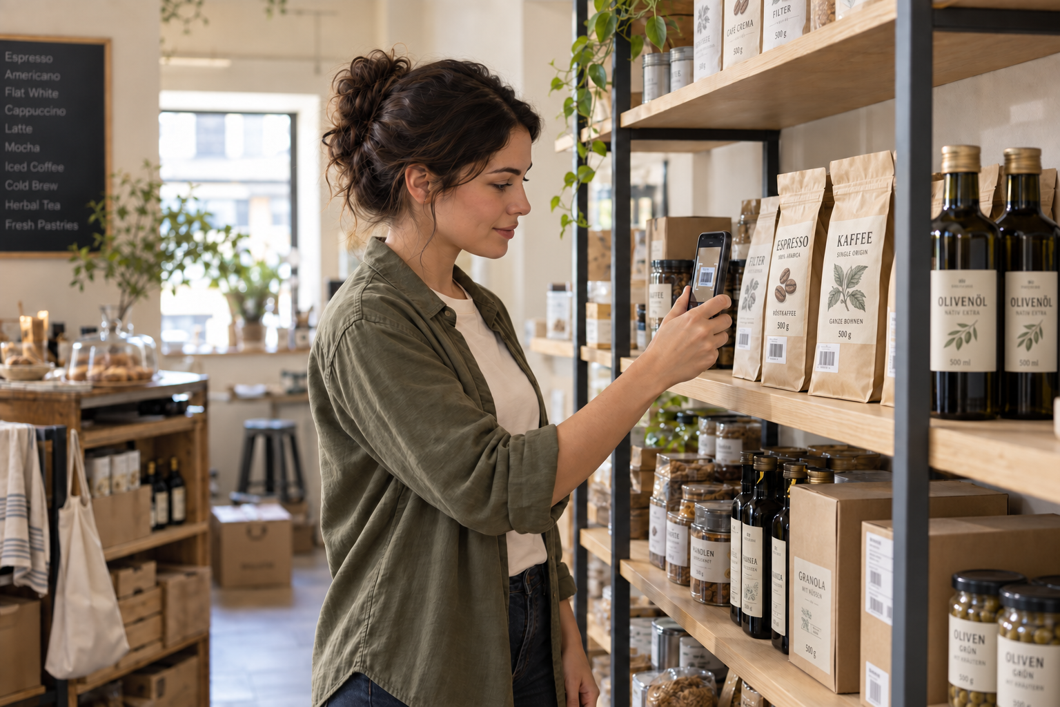 Mitarbeiterin erfasst Produkte bei der Inventur mit einer Smartphone-Kamera